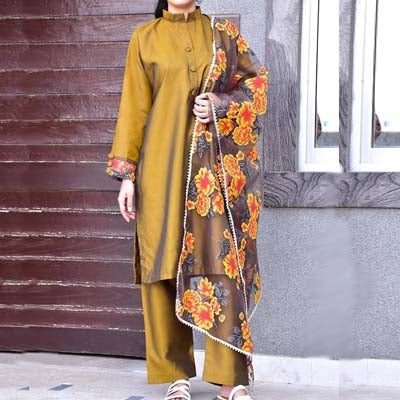 3 Pcs Women's Stitched Silk Suit - vallazo